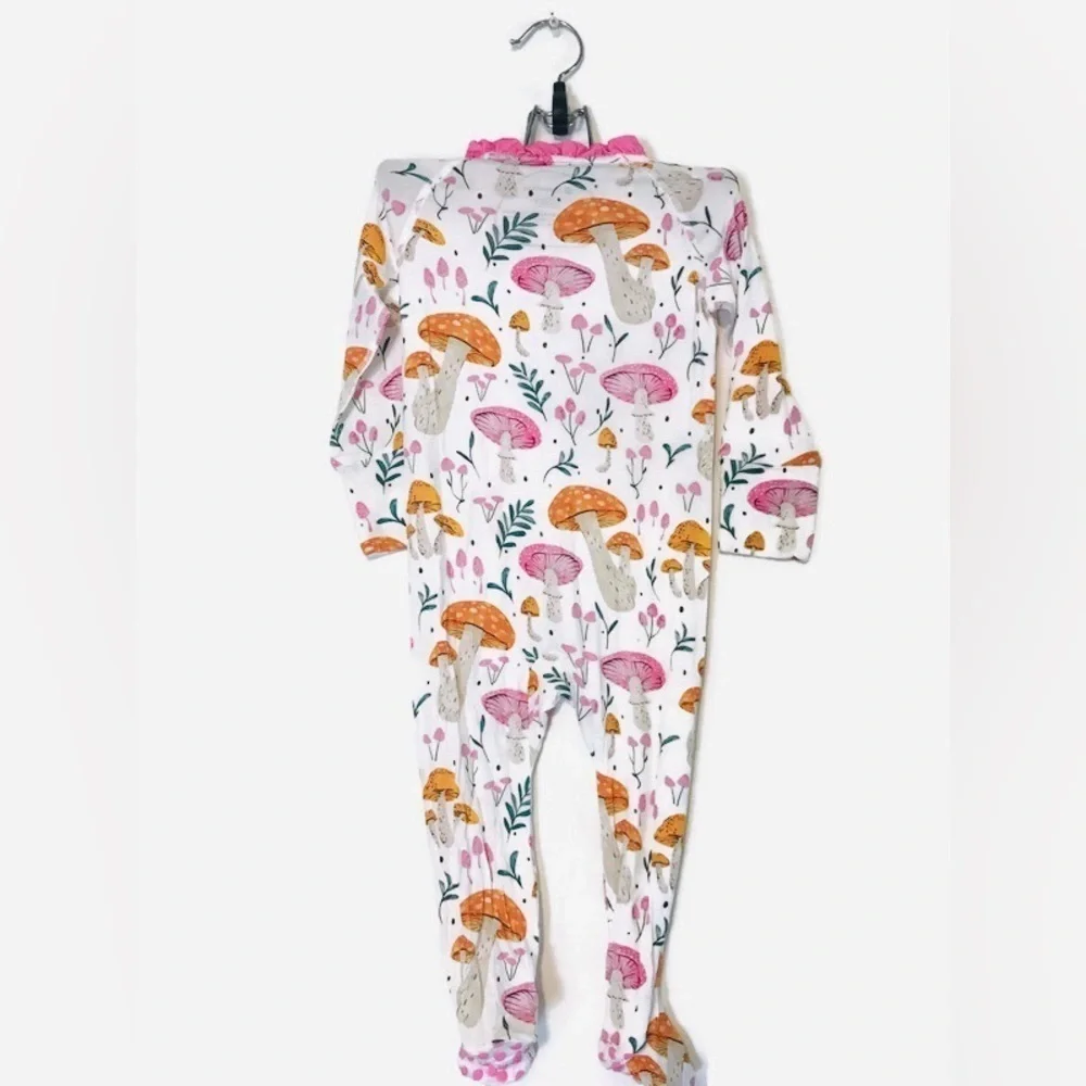 DreamCozy Pink Ruffle Retro Mushroom print Ling Sleeve One Piece Footies 6-12 MO